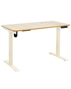 Electric Lift Activated Adjustable Height Table with Light Wood Laminate Top and Beige Frame