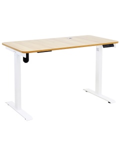 Electric Lift Activated Adjustable Height Table with Light Wood Laminate Top and White Frame